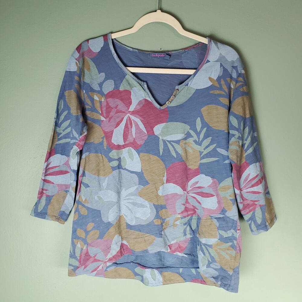 Fresh Produce Womens Blue Floral Bloom Print Top Size Medium